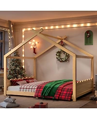 Streamdale Queen House Floor Bed with Solid Wood Frame for Kids, Natural