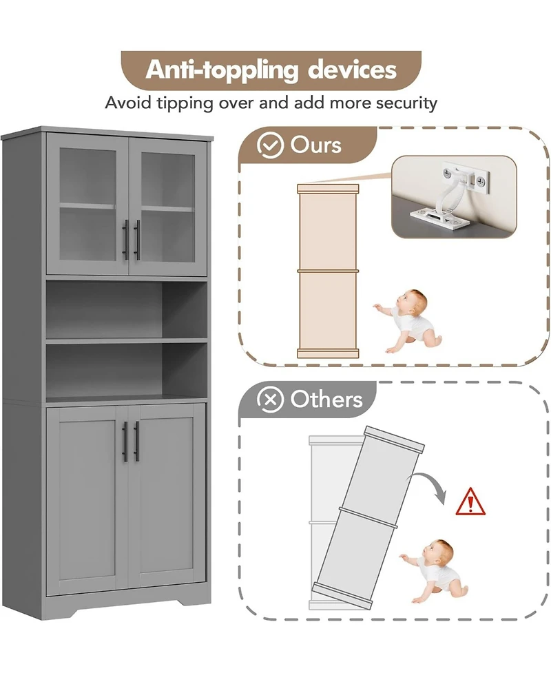 gaomon 67" Wooden Tall Storage Cabinet with Glass Doors and Adjustable Shelves