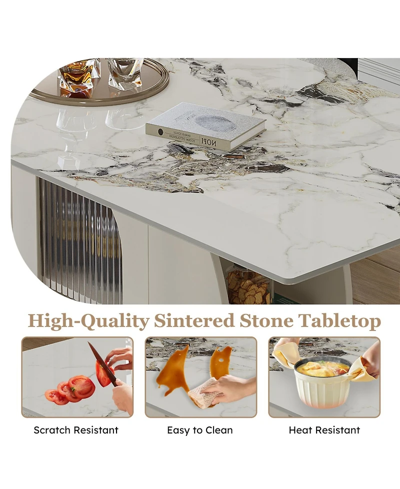 Streamdale Furniture 63" Modern Dining Table w/ Storage, Sintered Stone Top, Golden Wood Base