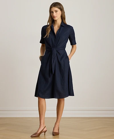 Lauren Ralph Petite 100% Linen Tie-Front Shirtdress