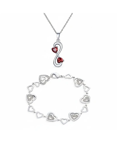 Bling Jewelry Romantic Red Infinity Heart Necklace and Cz Multi-Heart Bracelet Jewelry Set Sterling Silver