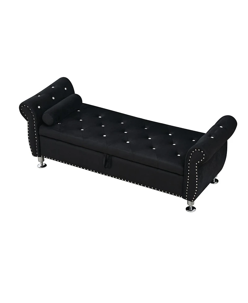 Streamdale Soft Velvet Storage Bench with Crystal Buttons & Pillow (Black)