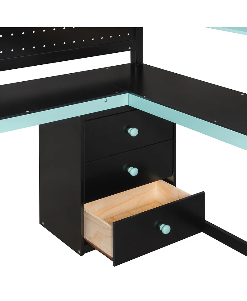 Streamdale Furniture Full Size Wooden Gaming Loft Bed with Storage Stairs, Desk, Shelves & Pegboard, Black+Blue