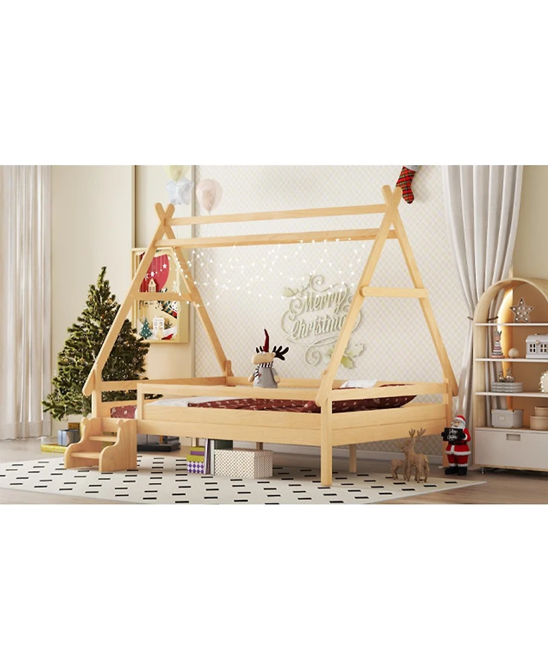 Streamdale Furniture Full House Platform Bed with Stairs, Solid Wood Twin Bed Frame