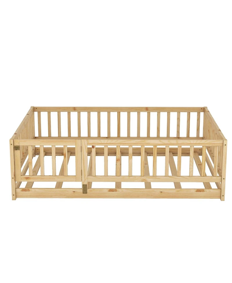 Streamdale Furniture Full Size Montessori Floor Bed with Fence and Door, Oak