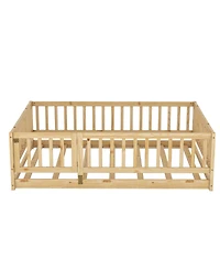 Streamdale Furniture Full Size Montessori Floor Bed with Fence and Door, Oak