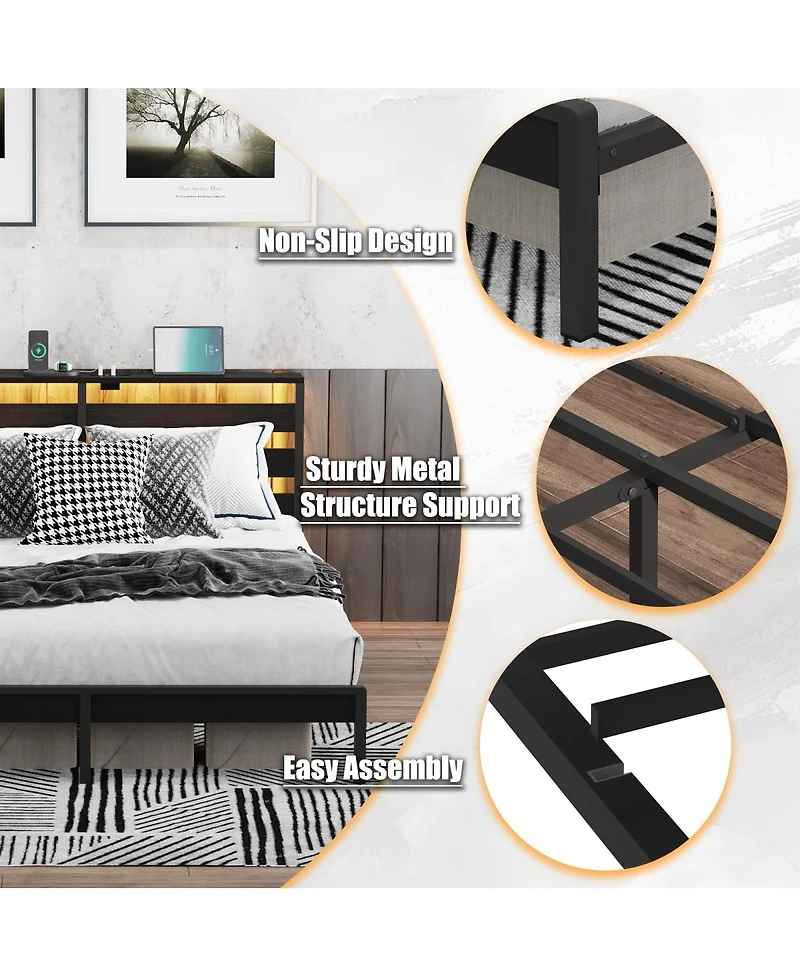 Streamdale Furniture Full Size Metal Platform Bed Frame w/ Usb, Led Lights, No Box Spring