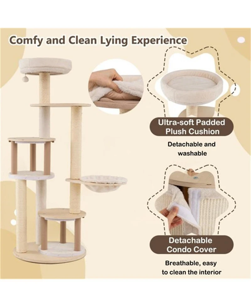 Aostirmotor 60"Tall Wooden Cat Tree with Scratching Posts & Condos