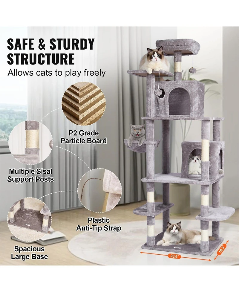 Aostirmotor 68.5" Cat Tower with Cat Condos Scratching Post in Light Grey