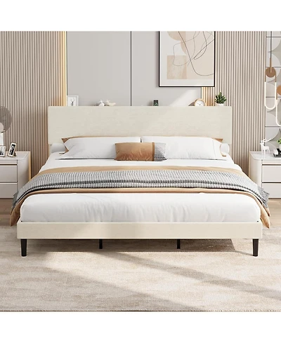 gaomon Platform Bed Frame with Usb Charging Station, Corduroy Upholstered Headboard, No Box Spring Needed
