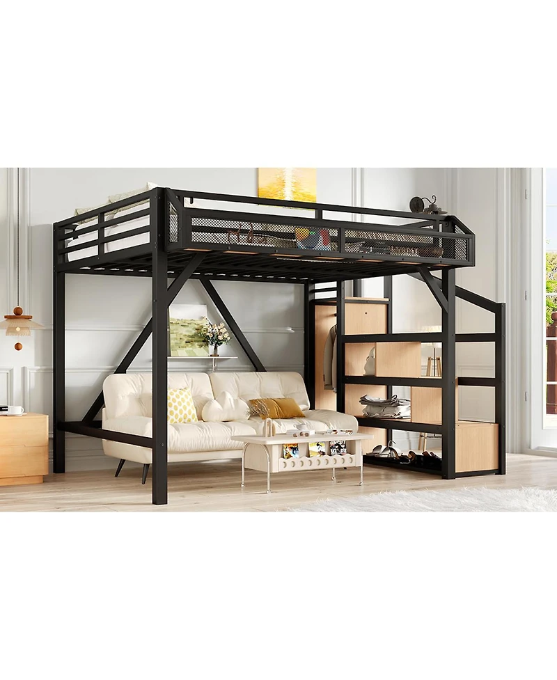 Streamdale Furniture Full Loft Bed with Storage Stairs, Shelves, Wardrobe, Usb, Led, Noise-Reduced