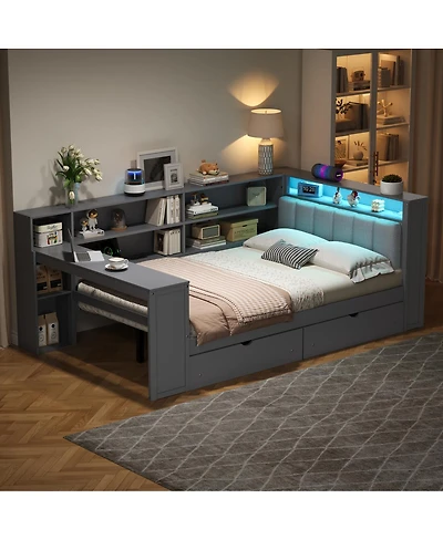 Streamdale Furniture Wood Full Platform Bed w/Storage, Drawers, Charging, Led, Desk, Upholstered Headboard