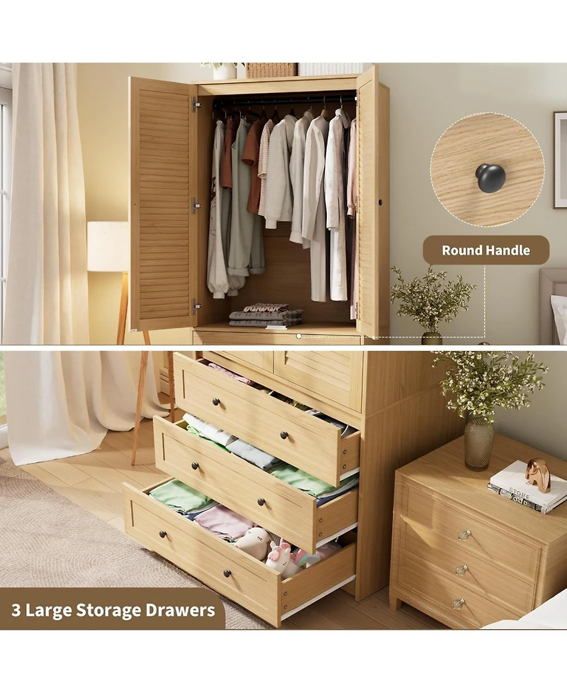 gaomon Garvee Armoire Wardrobe Closet with Drawers, 69.5" Wooden Wardrobe Cabinet with Hanging Rod, 2 Doors Clothing Storage Cabinet for Bedroom