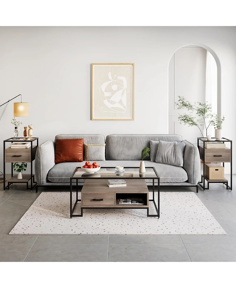 gaomon Modern Nightstand with Glass Panel, Small Side Table with Open Shelves and Glass Top 3-Tier Storage, for Bedroom & Living Room