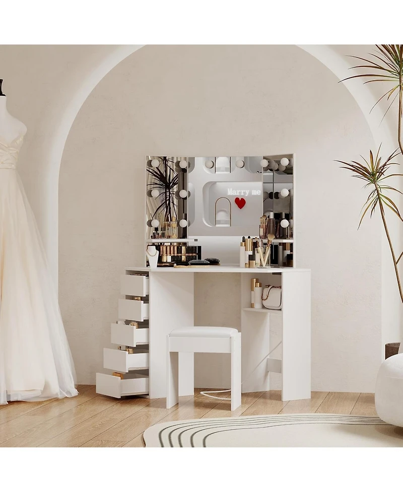 gaomon Corner Vanity and Stool, Corner Vanity Desk with Mirror and Lights, Corner Makeup Vanity with Power Outlet, 3 Color