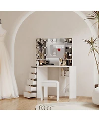 gaomon Corner Vanity and Stool, Corner Vanity Desk with Mirror and Lights, Corner Makeup Vanity with Power Outlet, 3 Color
