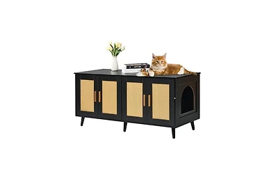 Zeus & Ruta Black Wooden 2-Room Cat Litter Box Enclosure