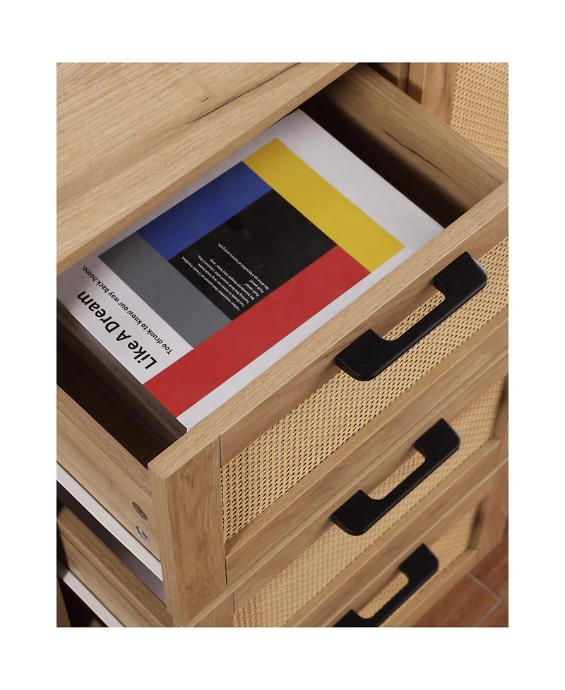 Streamdale Furniture Mid-Century Storage Cabinet- Rattan Doors, 3 Drawers, Adjustable Shelves