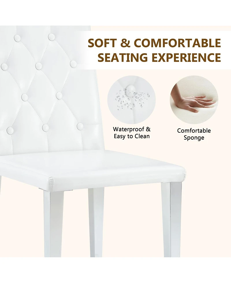 Streamdale Furniture 4-pack White Pu dining chairs, ergonomic buckle backrest, 35"H, silver legs.