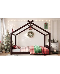 Streamdale Furniture Queen House Floor Bed with Slats, Solid Wood House Bed Frame for Kids