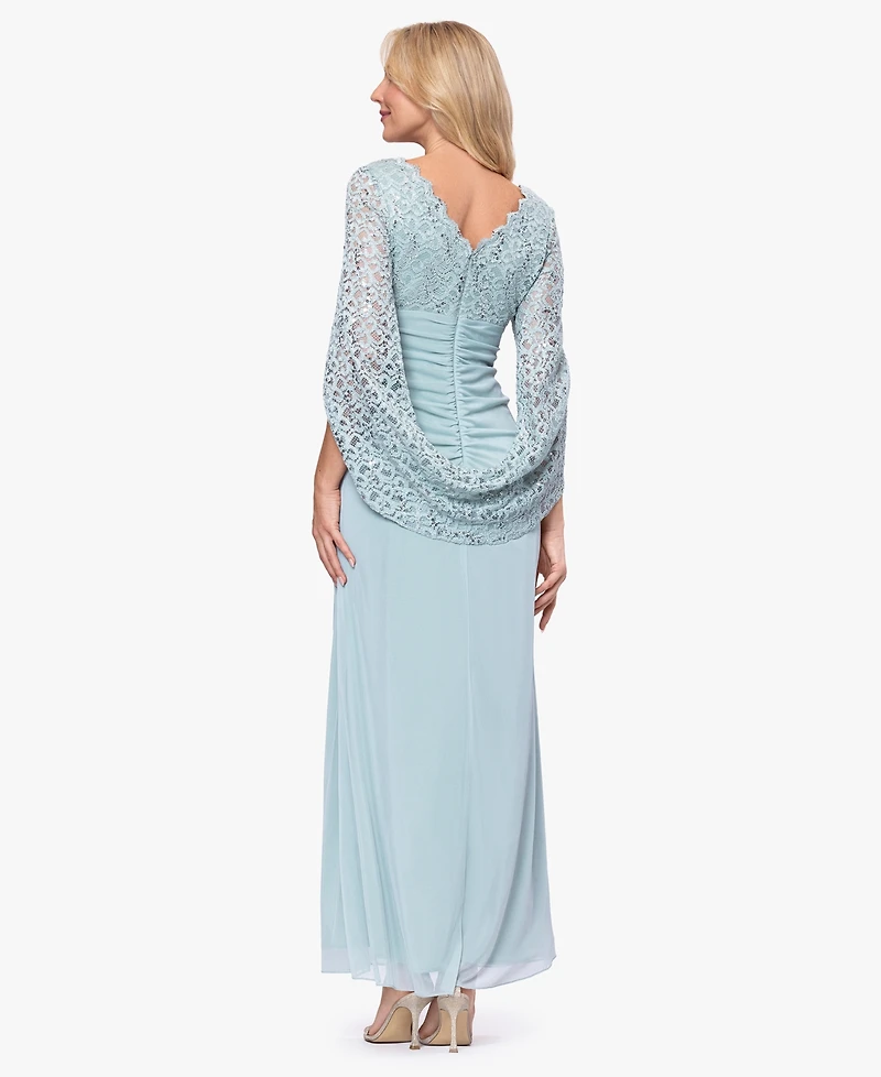 Betsy & Adam Petite Draped Lace Back Gown