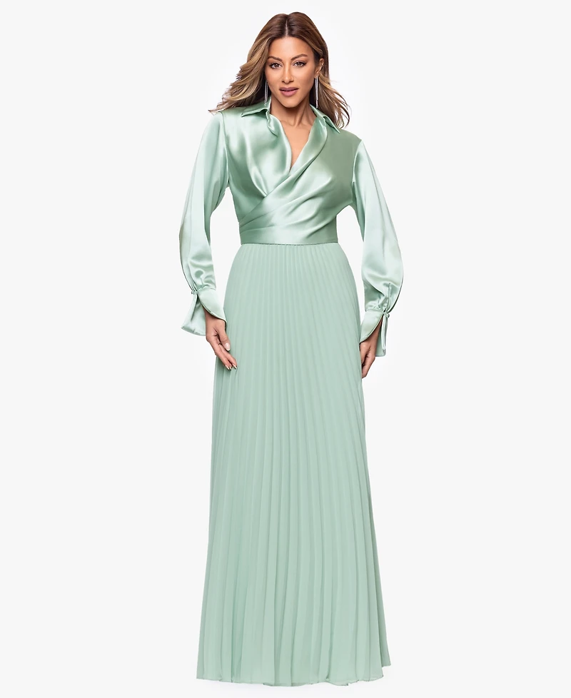 Xscape Women's Long Satin Long-Sleeves Collared Ball Gown
