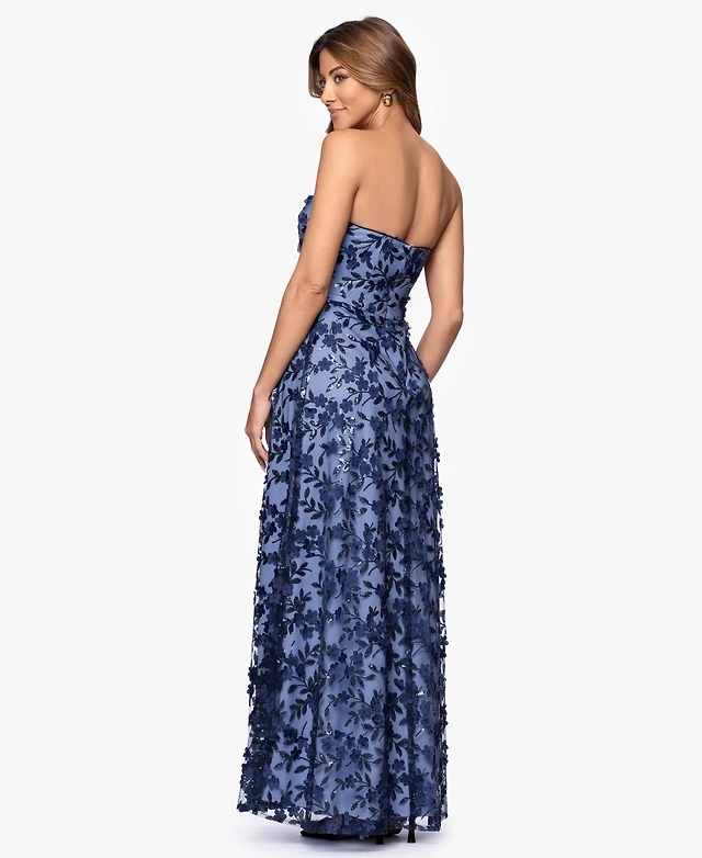 dress the population connor strapless sweetheart 3d floral chiffon dress Dress the Population Teresa Strapless Bustier Sheath Gown With 3D Flowers Long Dress at CoolSprings Galleria in Franklin, TN