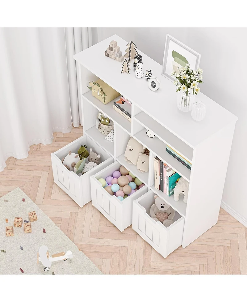 gaomon Toy Storage Cabinet with 3 Movable Drawers & 6 Cubes, Children's Toy Shelf Kids Bookshelf with Hidden Wheels
