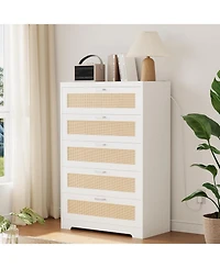 gaomon 5-Drawer Modern Rattan Tall Dresser, Wide Top, Wooden Storage Cabinet for Bedroom, Living Room, Hallway, Entryway