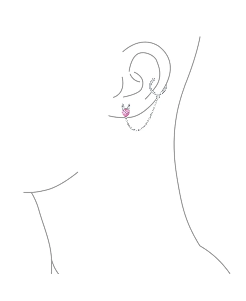 Bling Jewelry Tiny Pink Cz Heart Ear Cuff Chain Stud Earrings For Earlobe .925 Sterling Silver