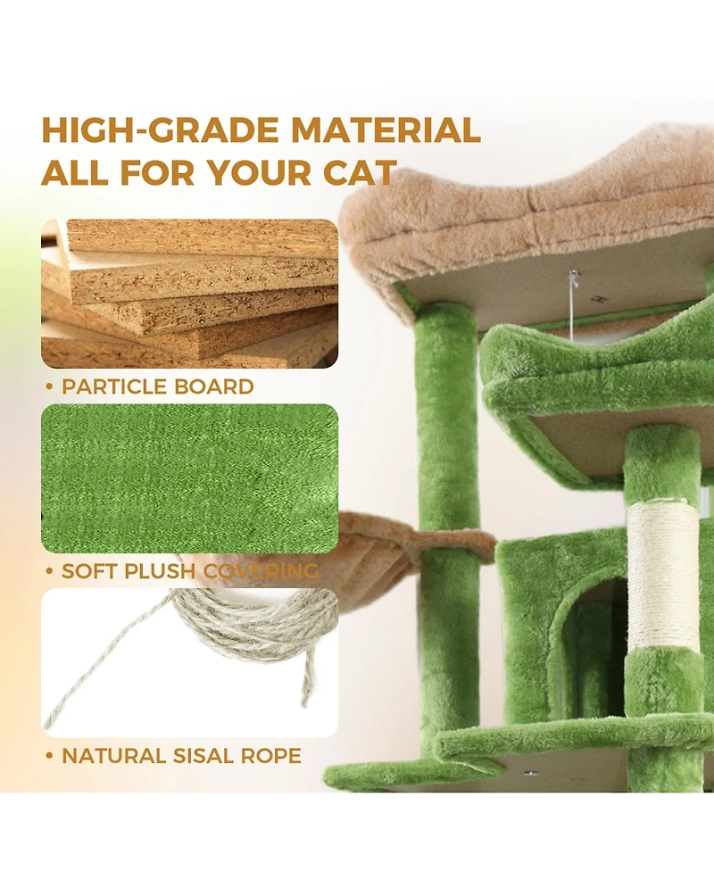 Zeus & Ruta 68in Green Multi Level Cat Tree Hammocks Hanging Basket Cat Cave Removable Cushion Scratching Posts