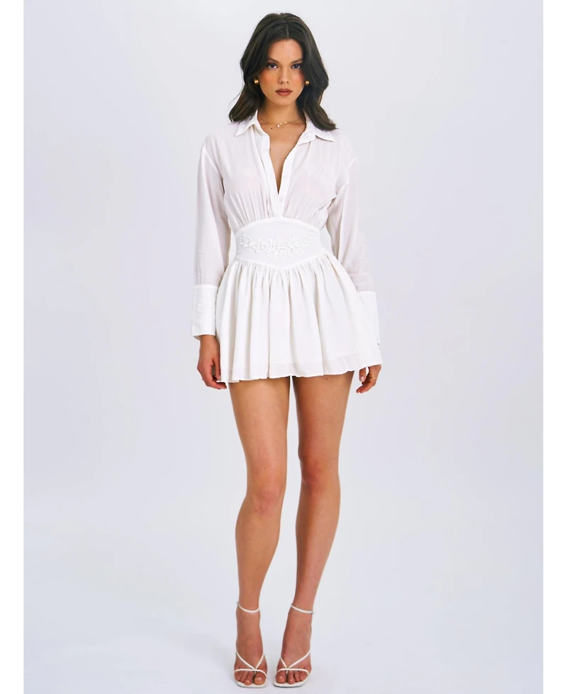 Miss Circle Women's Jamila White Shirt Mini Dress with Embroidered Waist Detail