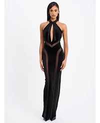 Miss Circle Women's Paityn Black Velvet Mesh Cutout Halter Gown