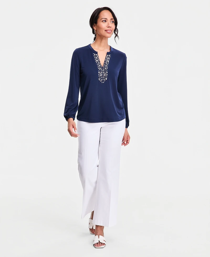 Jm Collection Women's Long-Sleeve Crepe Embellished-Neck Top, Macy's Exclusive