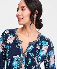 Jm Collection Women's Printed Chiffon-Sleeve Split-Neck Top, Macy's Exclusive