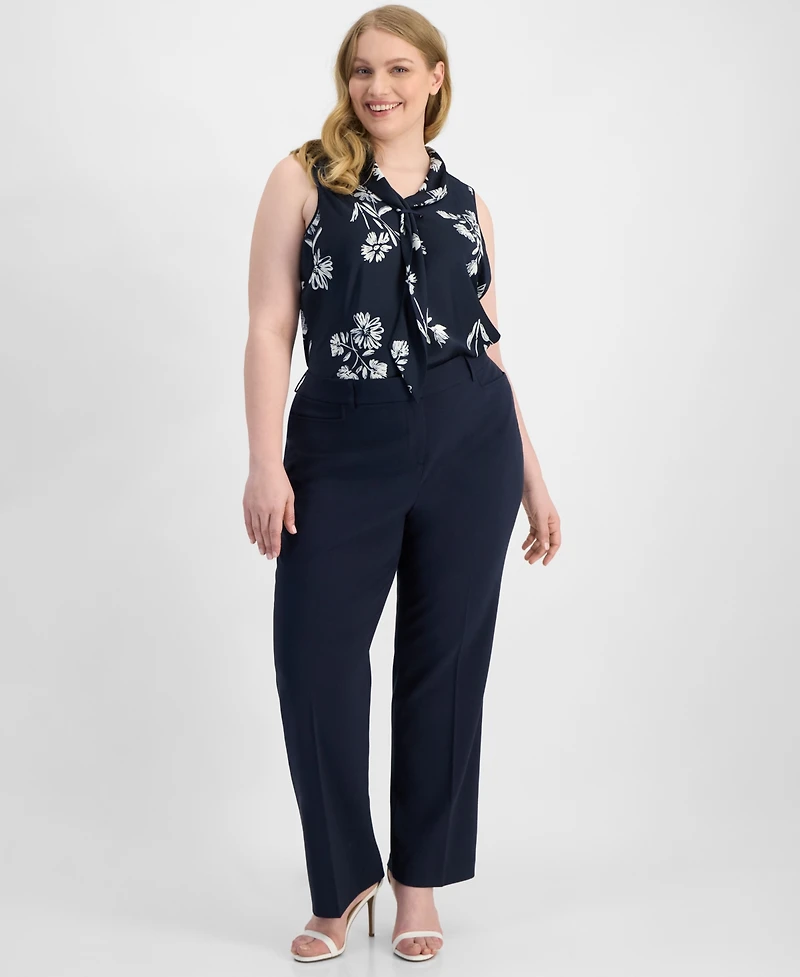 Tahari Asl Plus Bird Eye Press-Pleat Straight-Leg Pants