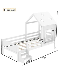 Streamdale Furniture Twin House Bed with Stairs, Bookcase, Blackboard & Roof