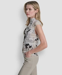 Dkny Women's Newspaper-Print Mock Neck Knit Mesh Top