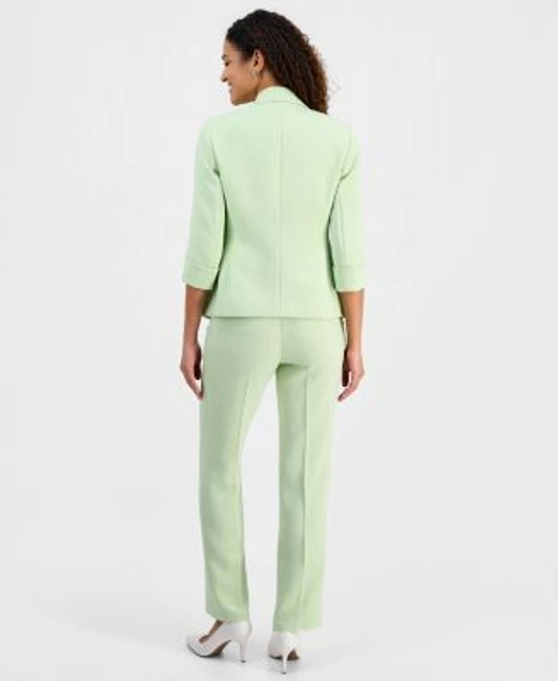 Kasper Womens Stretch Crepe Two Button Notch Collar Jacket With Cuffed Sleeves Burnout Floral Sleeveless Top Melange Crepe Straight Leg Pants