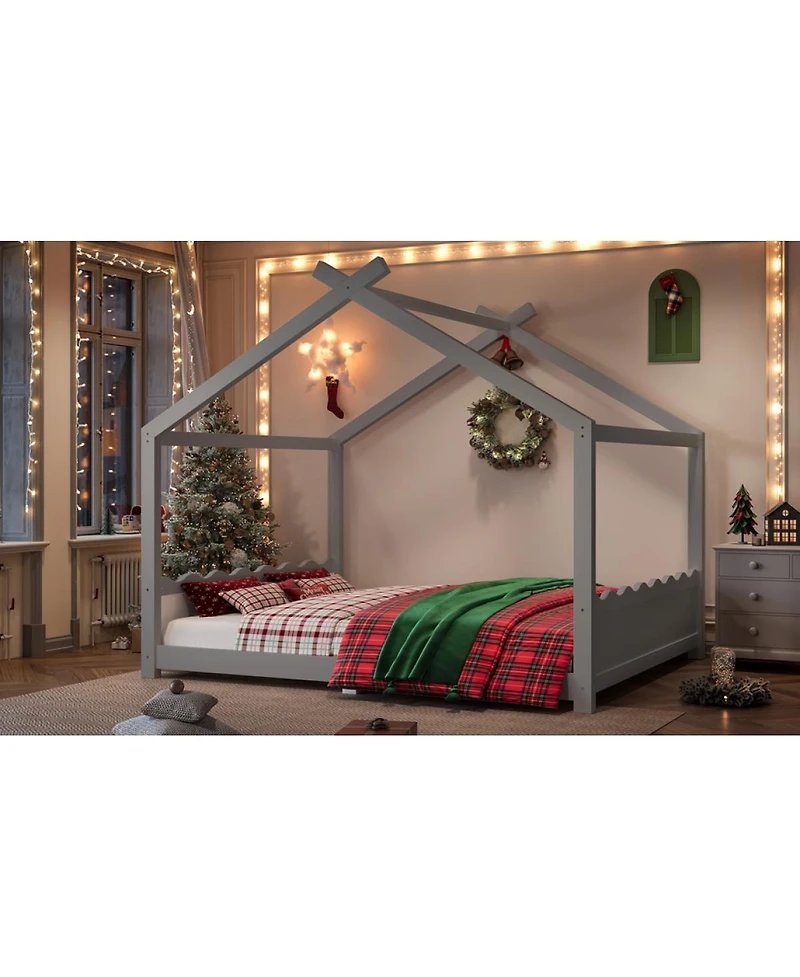 Streamdale Furniture Queen House Floor Bed with Slats, Solid Wood Frame for Kids