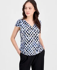 Anne Klein Essentials Petite Printed Keyhole Cap Sleeve Top