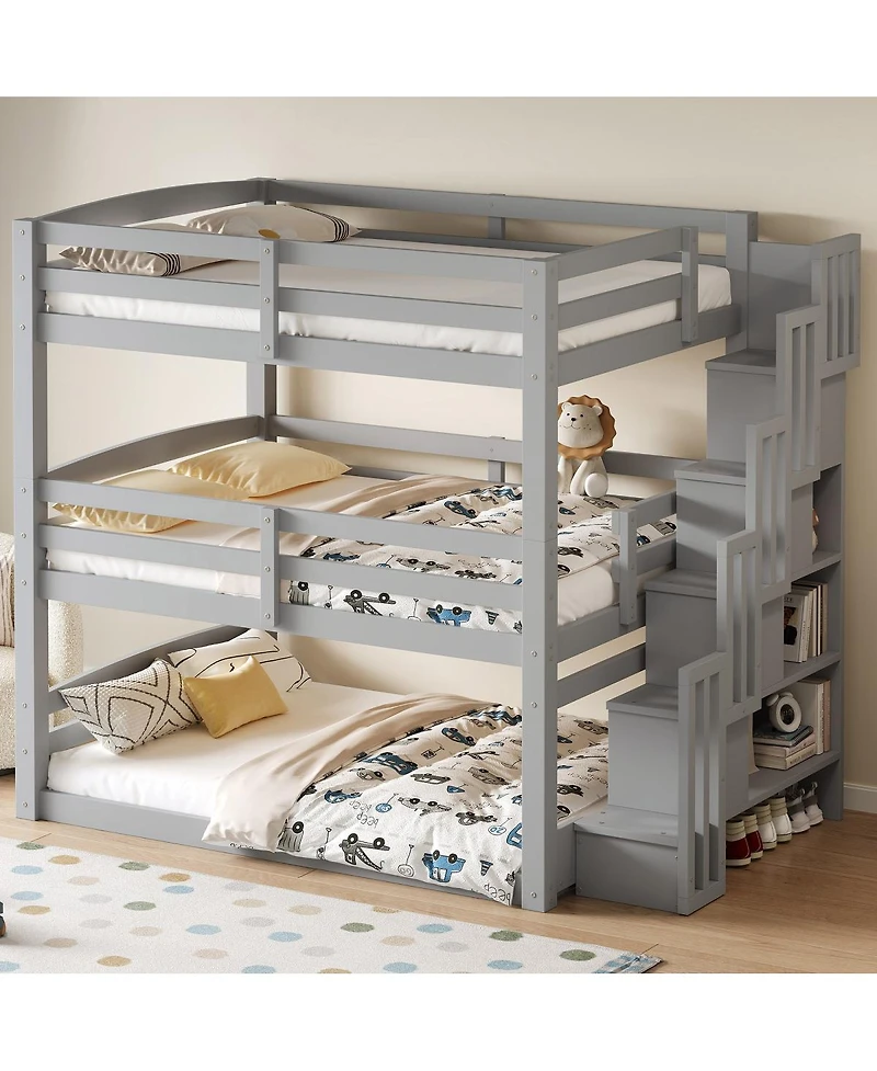 Streamdale Furniture Full Size Triple Bunk Bed with Storage Staircase, Separate Design