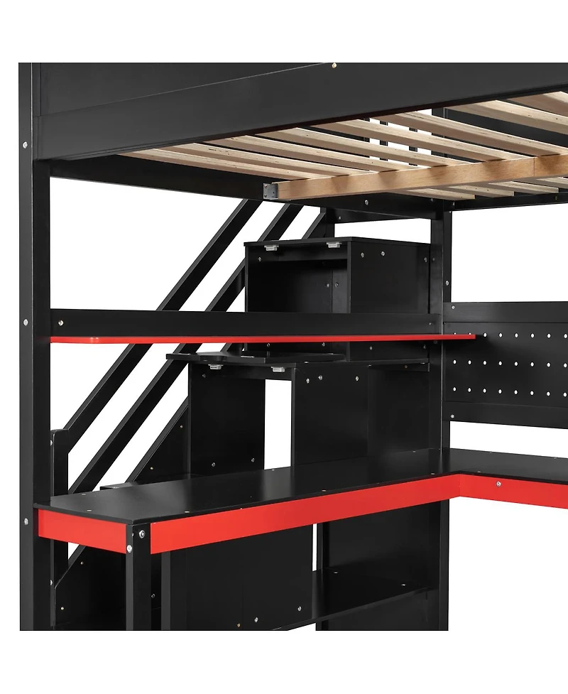 Streamdale Furniture Full Size Wooden Gaming Loft Bed with Storage Stairs, Desk, Shelves & Pegboard