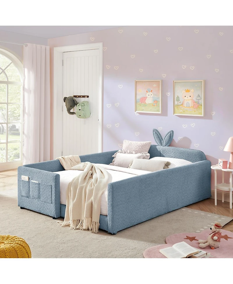 Streamdale Furniture Boucle Rabbit Ear Platform Bed with Safety Rail
