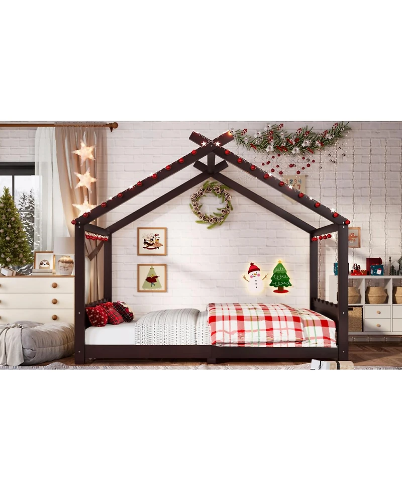 Streamdale Furniture Full House Floor Bed with Support Slats, Solid Wood House Bed Frame for Kids, Espresso