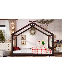 Streamdale Furniture Full House Floor Bed with Support Slats, Solid Wood House Bed Frame for Kids, Espresso