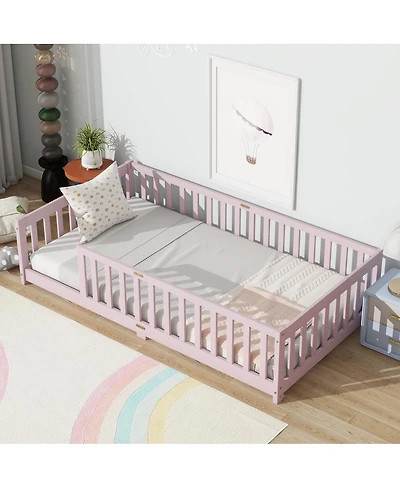 Streamdale Furniture Streamdale Twin Size Floor Bed with Fence, Pink