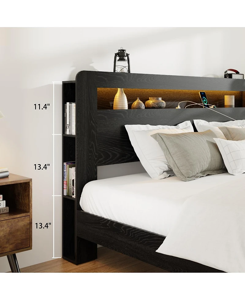 Streamdale Furniture Wood Platform Bed Frame with Storage, Led Headboard, Usb, No Box Spring