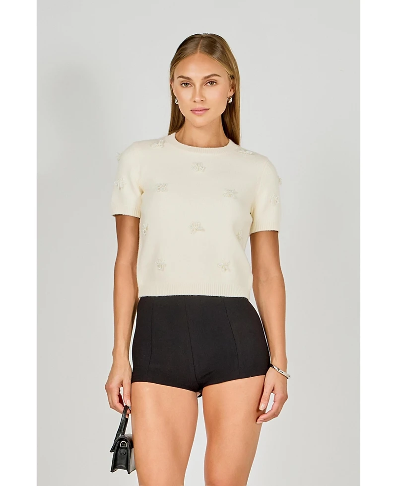 endless rose Women's Pearl Trim Short Sleeve Sweater