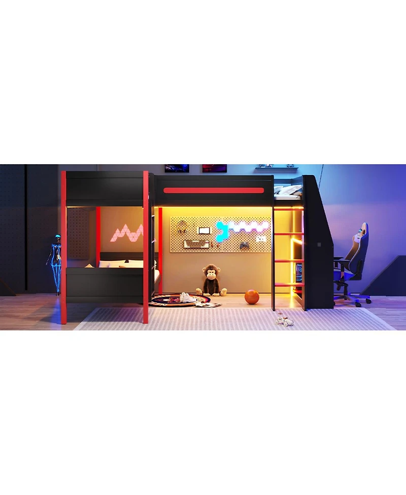 Streamdale Furniture L-Shaped Gaming Loft Bunk Bed with Desk, Shelves & Led